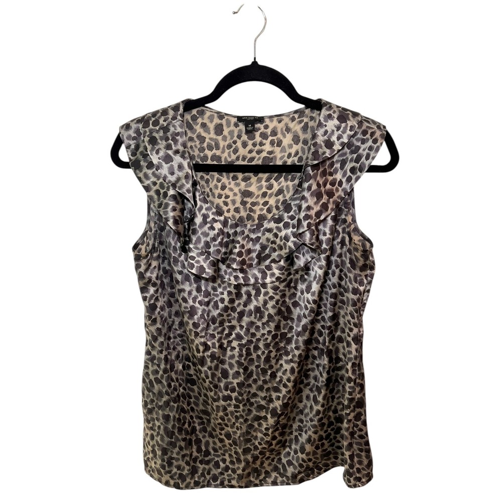 Ann Taylor Leopard Print Ruffle Silk Blend Mobwife Old Money Grey Black M - Picture 2 of 8